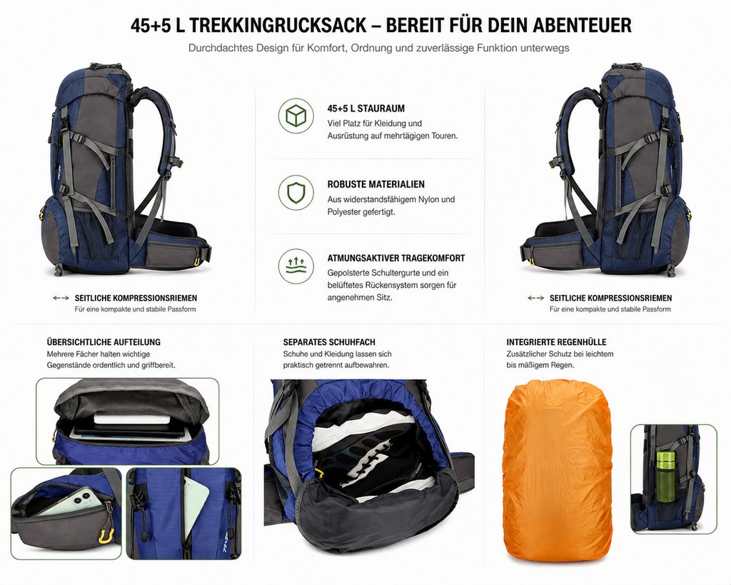 AlpenGear® 45+5L Trekkingrucksack mit Regenhülle